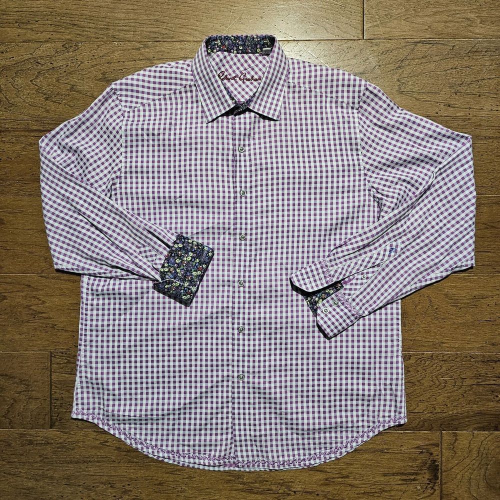Robert Graham Long Sleeve Button Up Shirt Purple Plaid Flip Cuff Classic Fit XL